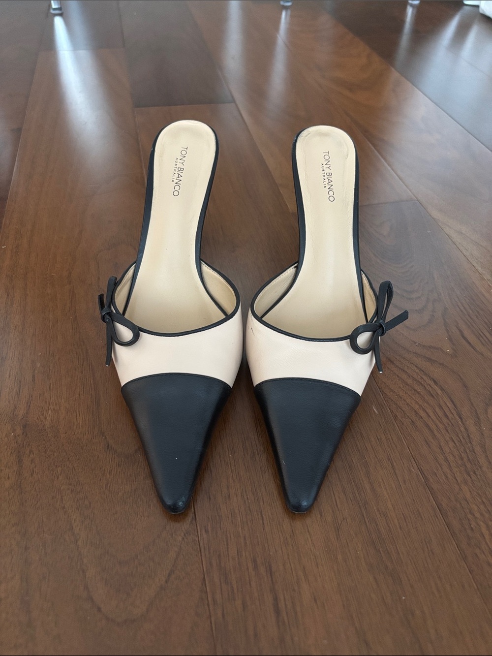 Tony Bianco Black & Cream Pointed Toe Slingback Mules with Bow - Picture 2 of 3